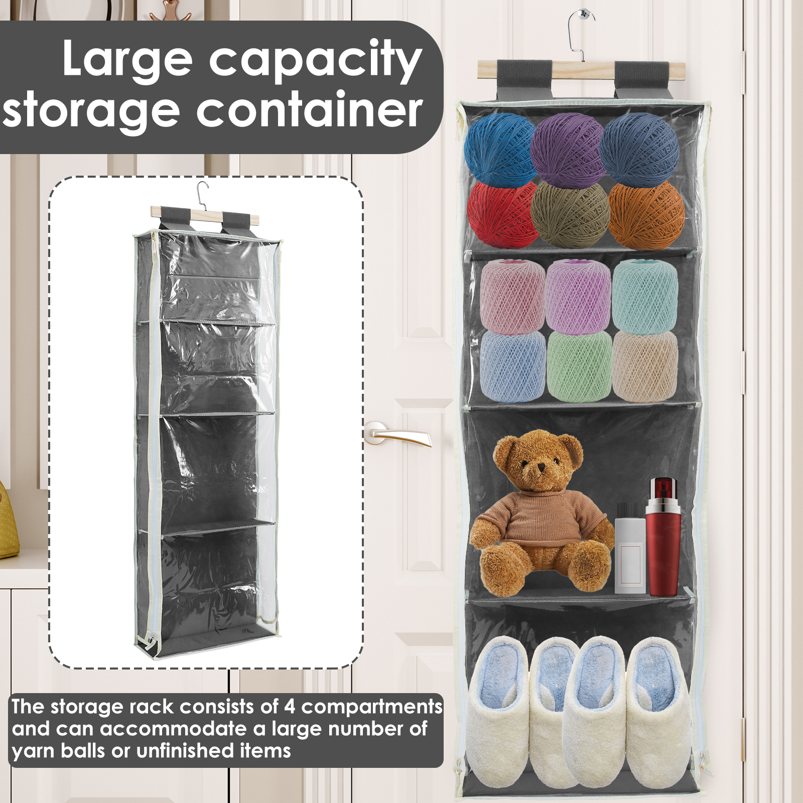 Organizador sobre la puerta con 4 bolsillos grandes, organizador de tejido de gran capacidad, almacenamiento con cremallera, bolsa colgante de felpa/hamaca para juguetes