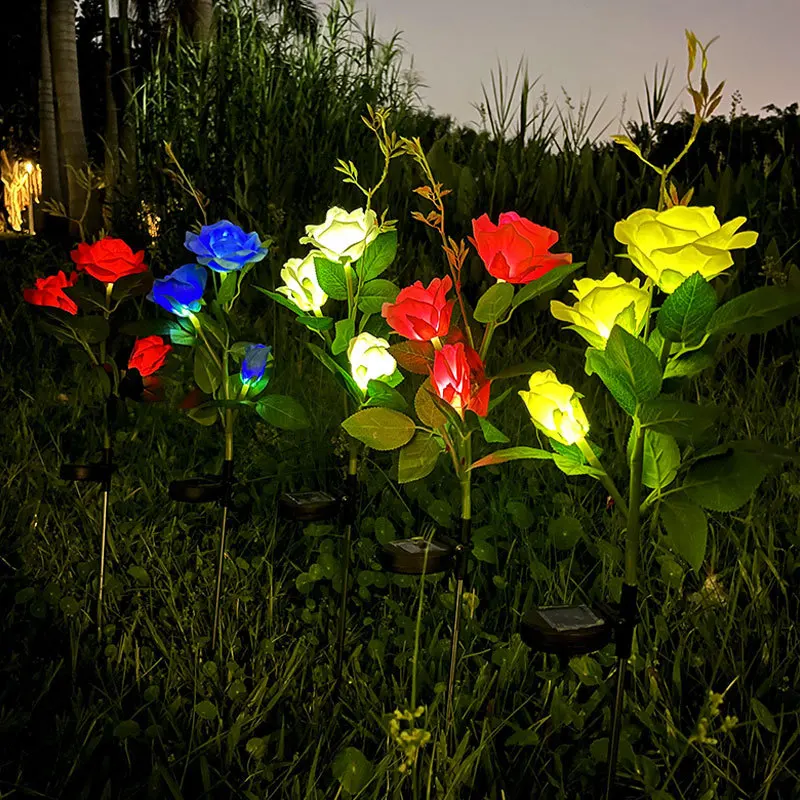 LED-verlichting op zonne-energie Rose gazonlamp rood blauw geel roze witte bloemlantaarn 5-kops buitenlicht voor bruiloft binnenplaatsdecoratie