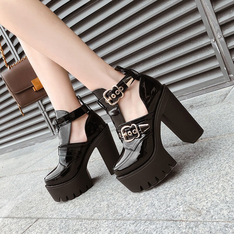Ymechic Zomer Dans Rock Punk Stabiele Blok Hoge Hakken Gladiator Pumps Zwart Gesp Platform Sandaal Boot Goth Schoenen