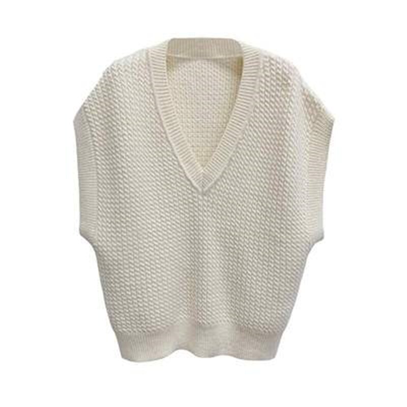 Rutet mønster strikket vest kvinder efterår vinter afslappet løs v-hals ærmeløs sweater pullover tyk vest