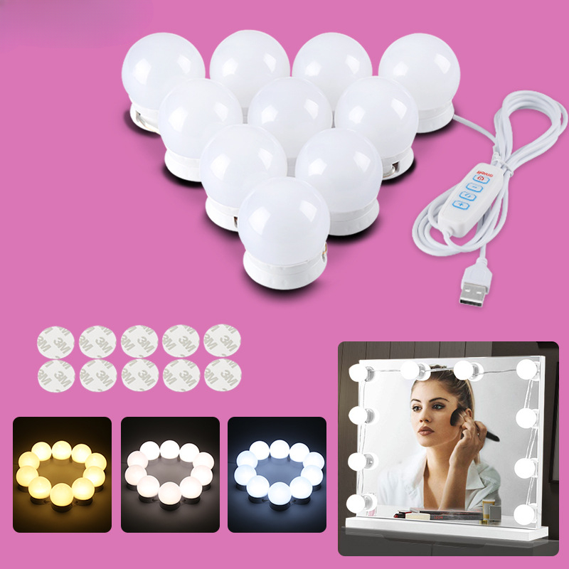 Hollywood Makeup Vanity Mirror Light Stick On Adjustable 3 Colors LED USB Bulbs String Stepless Dimmable Lamp