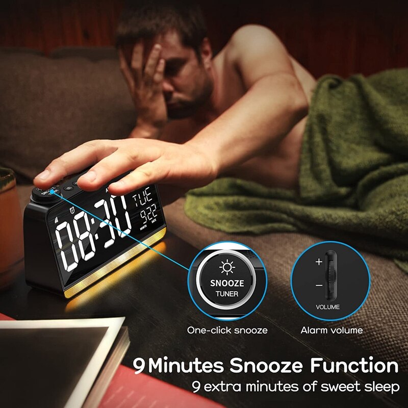 Radio-réveil numérique pour chambre à coucher, 9 pouces, avec chargeur USB, double réveil, 4 fonctions sonores de sommeil