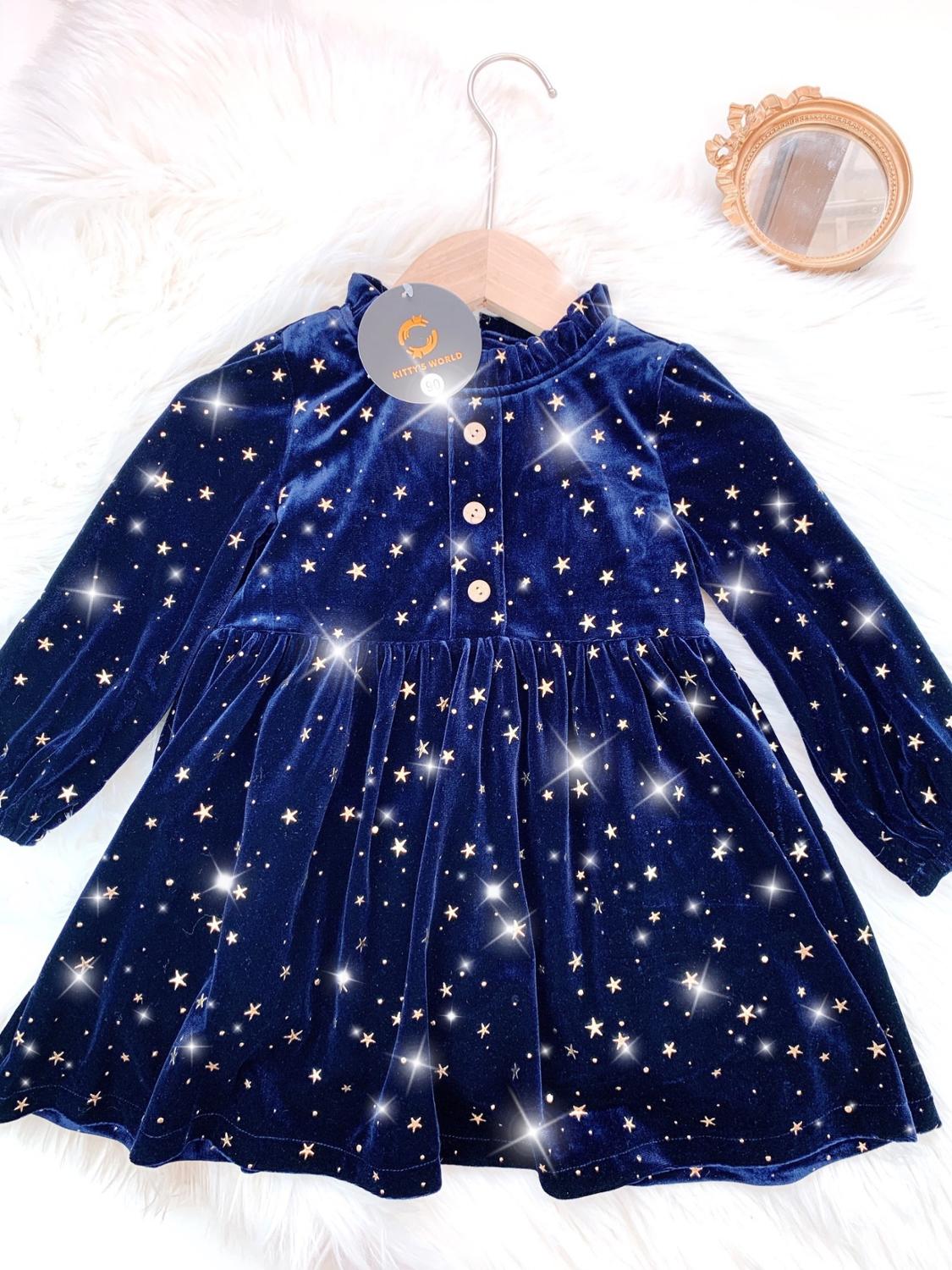 2-8 Years Fancy gold stars blue velvet Dress for Girls Princess bling bling Birthday Party Dresses Kids Dresses for Baby