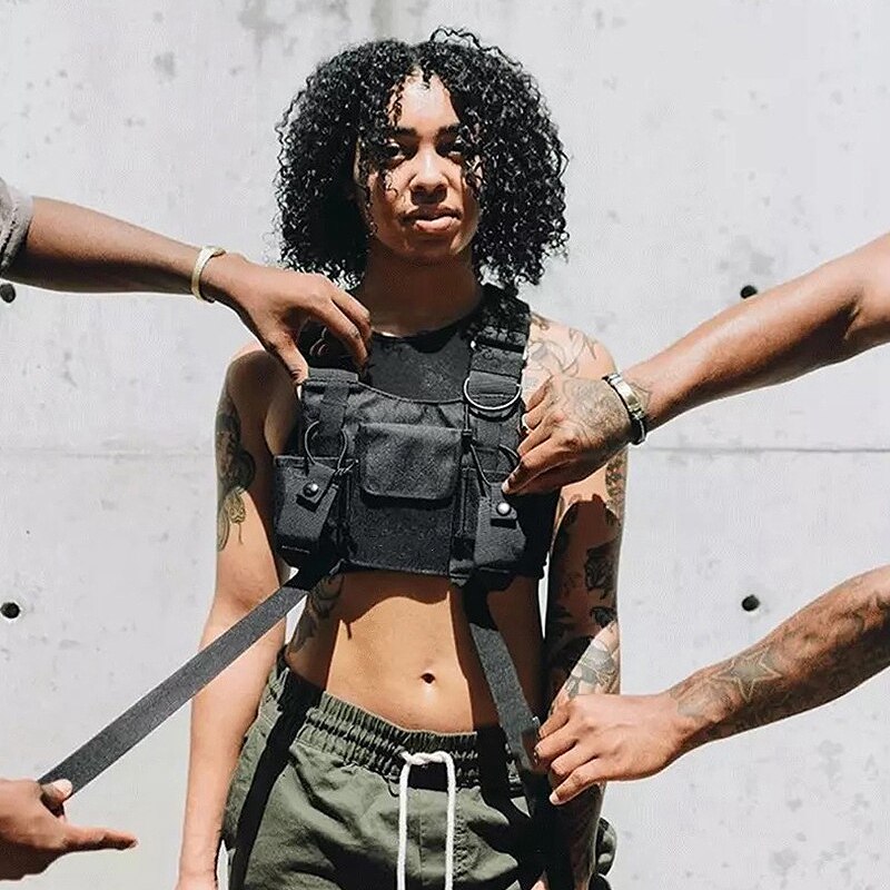 FGGS-Regolabile Nero Della Maglia Hip Hop Streetwear Funzionale Cablaggio Cassa Vita pacchetto della Cassa del Pacchetto di Modo del Sacchetto di Nylon