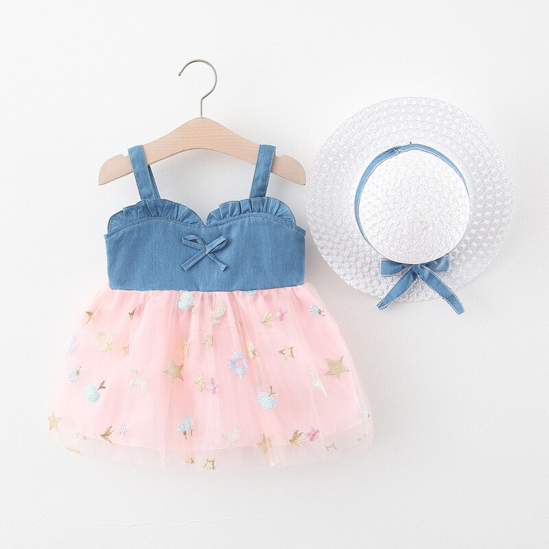 Babzapleume Summer Baby Girls Dresses Denim Mesh Pacthwork senza maniche Cute Princess Lace Pink Dress + Sunhat Newborn Clothes 001: Colore rosa / 6(0-6M)
