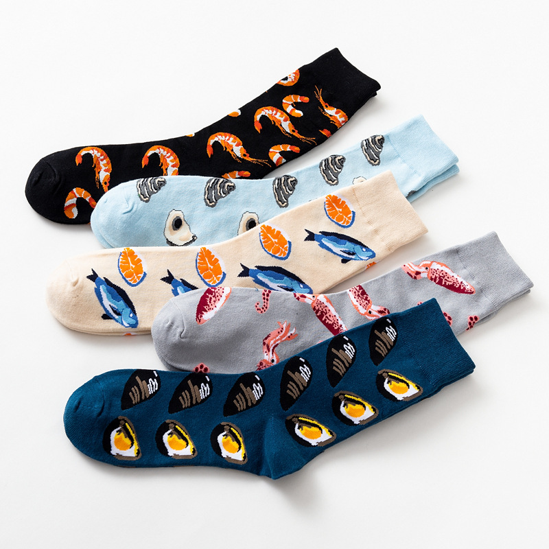 Chaussettes Femme Style Harajuku Fruits De Mer – Crevettes, Calmars, Huîtres – Coton, Taille Unique