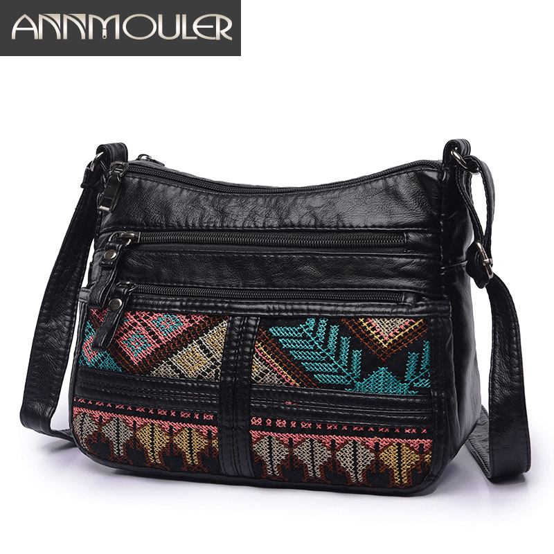 Annmouler Brand Women Crossbody Bag Soft Shoulder Bag Washed Leather Women Purse Patchwork Small Bag Tribal Flap Bag