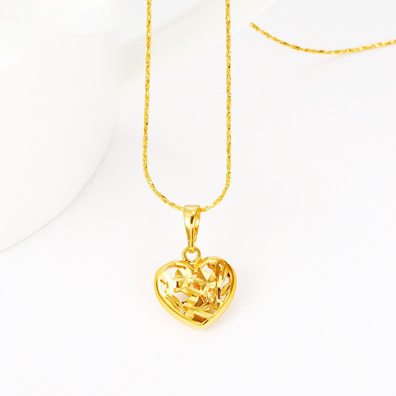 24K Gold Necklace Pendants for Women Simple Heart Charm Pendant Fine Jewelry for Wedding Birthday (Without Chain)