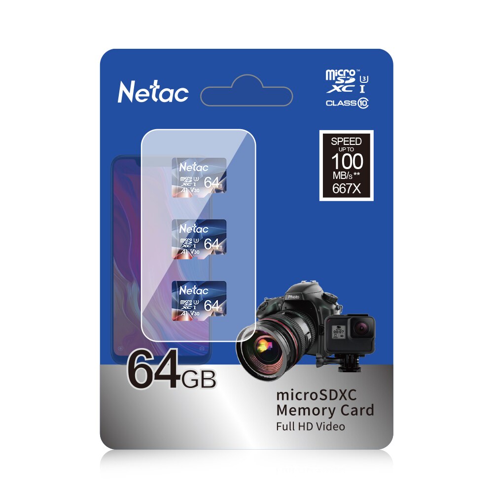 Netac-tarjeta Micro SD P500, 32GB, 64GB, tarjeta Flash SD/TF, tarjeta de memoria U3 V30 Class 10, tarjeta TF para cámara de teléfono,: 64GB 3PC
