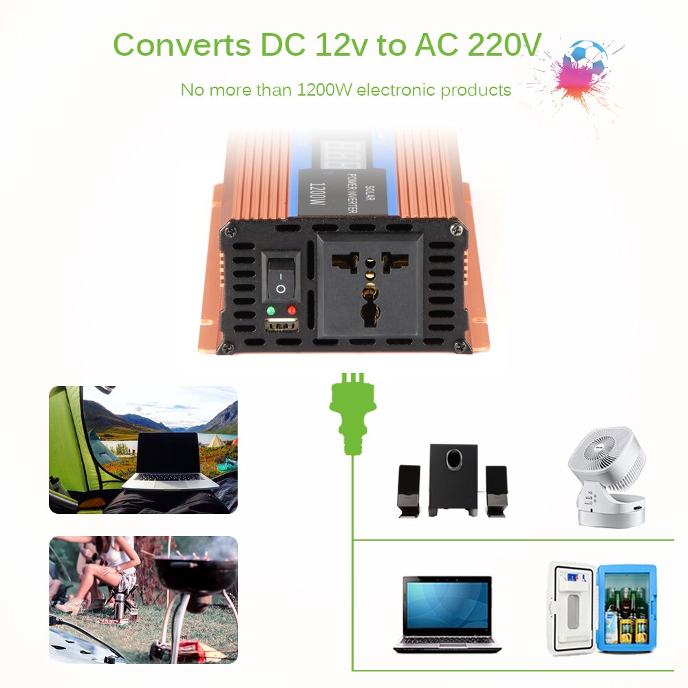 Dc 12v til  ac 220v 1200w bilomformer 12 v 220 v transformatoradapter spenningsomformer 12v to 220v billader volt display