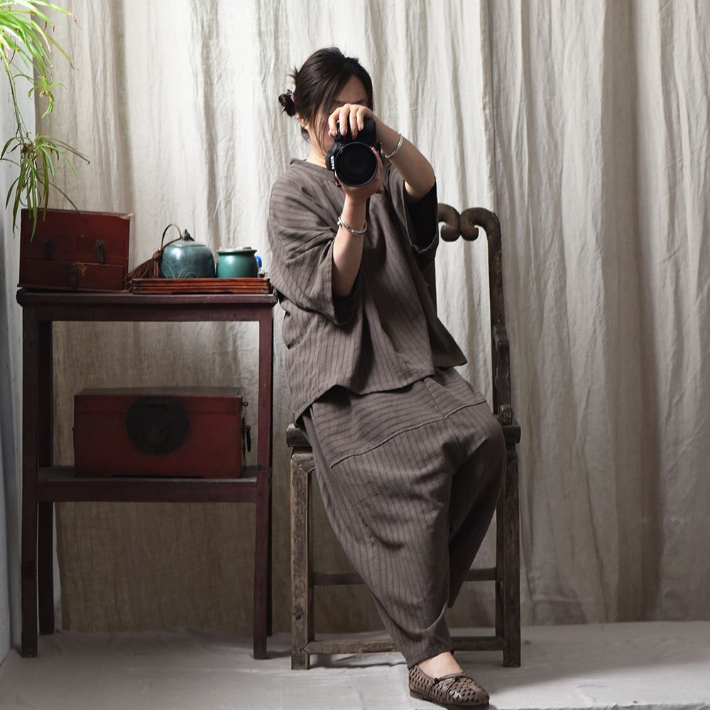 Women Loose Cotton Linen Striped Blouse Tops Female Summer Autumn Stripes Shirt Blouses Ladies Stand Collar Shirt