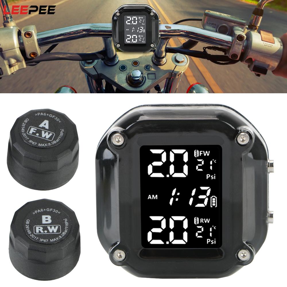 LEEPEE Motorcycle TPMS Motor Tire Pressure Monitoring Alarm System LCD Display Tyre Temperature With 2 External Sensors