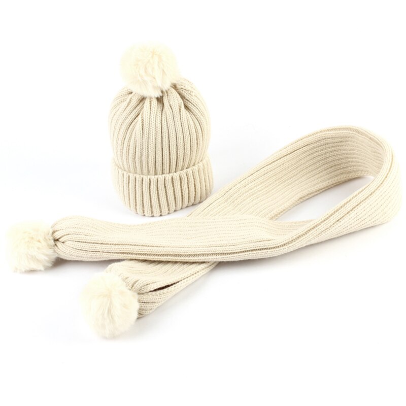 Geebro børnehue og tørklæde sæt vinter varm strikket slouchy beanie hat med pels pompon til drenge og piger dobbelt pompon tørklæde: Beige