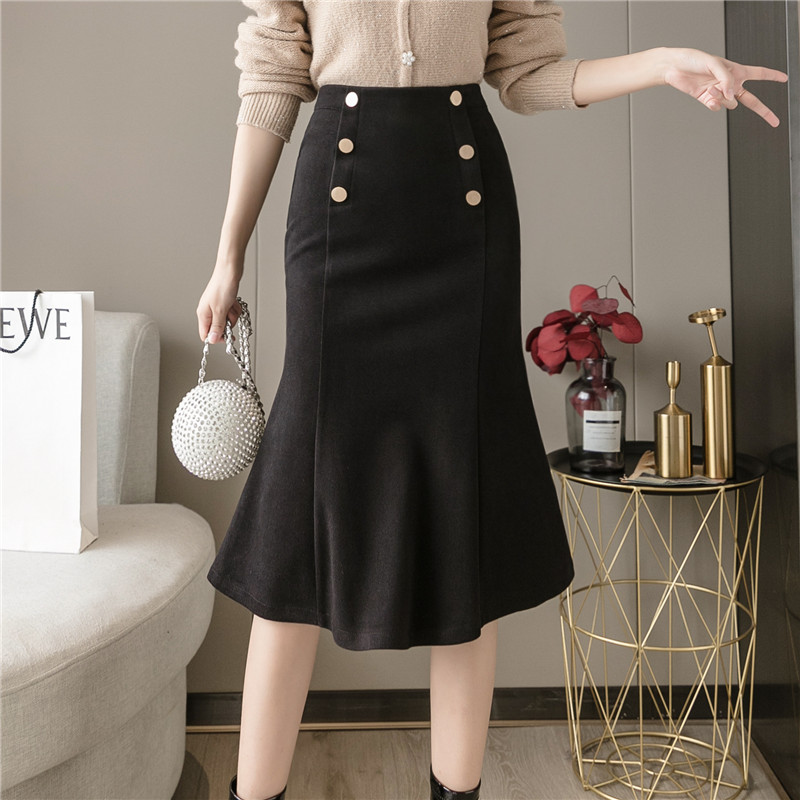 Jupe trompette en laine, mi-longue, élégante, décontractée, taille haute, enveloppée dans les hanches, collection automne hiver , A231: Black / S