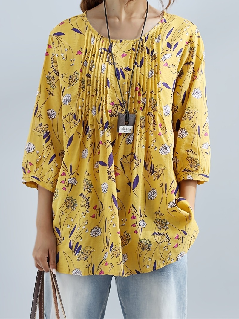 Grande taille 1XL-8XL femmes imprimé fleuri manches 3/4 chemise ample rétro couleur chemise dames Blouse hauts