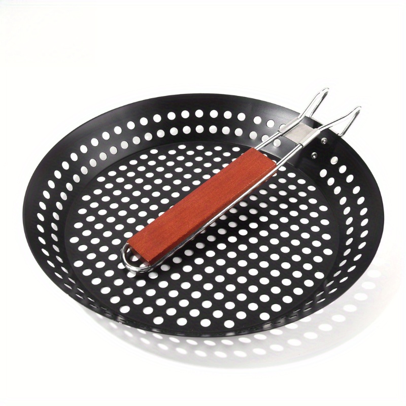 Grillkurv - rund perforert grillpanne med sammenleggbart håndtak for camping, piknik, grilling, sammenleggbar utendørs grilling og baking