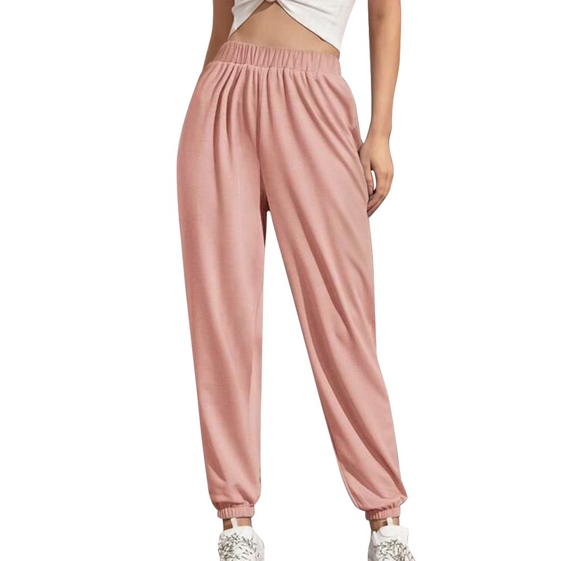 Effen kleur joggingbroeken hoge taille lange baggy broek dames casual joggingbroek dans losse broeken hip streetwear: Roze / S