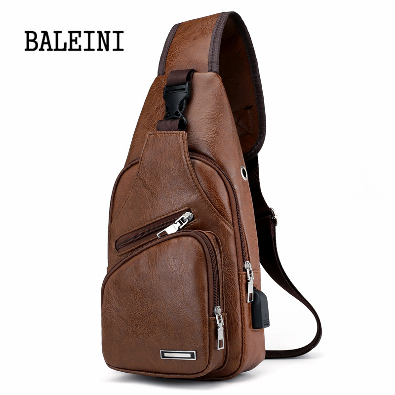 Men&#39;s Crossbody Bags Men&#39;s USB Chest Bag Messenger bag Leather Shoulder Bags Diagonal Package Back Pack Travel: Light Brown