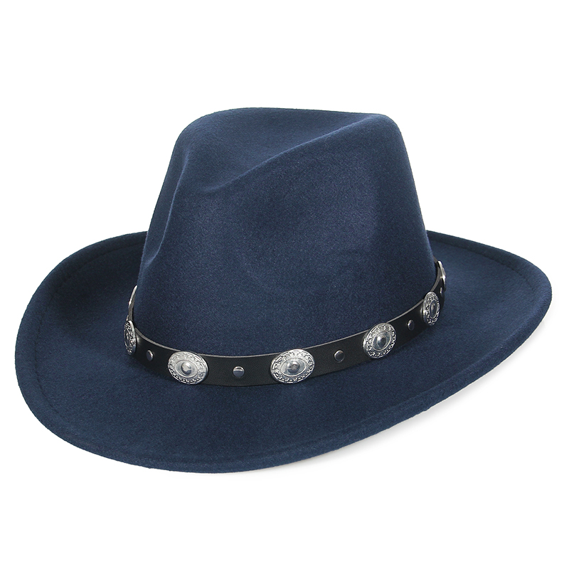 mujeres hombres sombreros de fieltro sombrero de vaquero occidental señora Sombrero Hombre pieza de Metal decoración vaquera Jazz gorras de sol tamaño 57CM