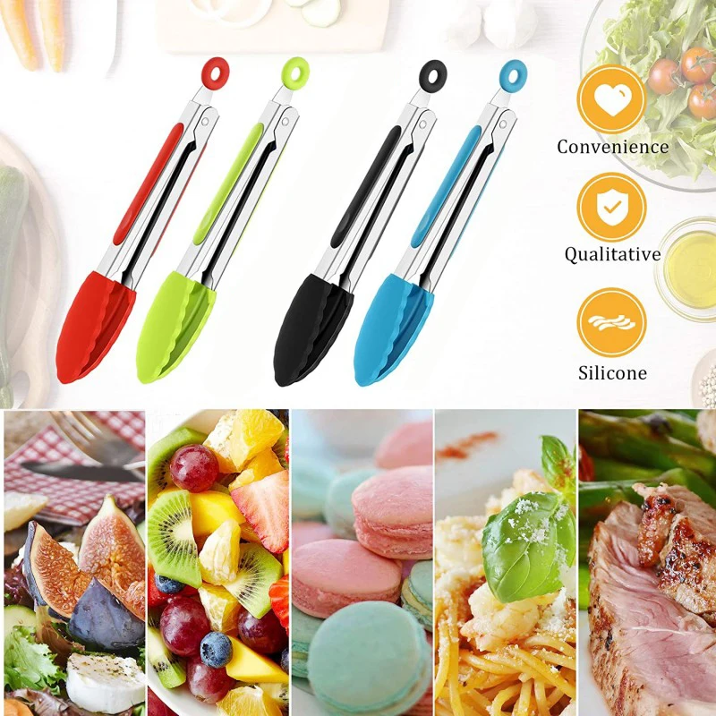 Pince alimentaire en acier inoxydable, pince de cuisine antidérapante en Silicone et Nylon, outils pour salade de barbecue, accessoires de cuisine pour gril