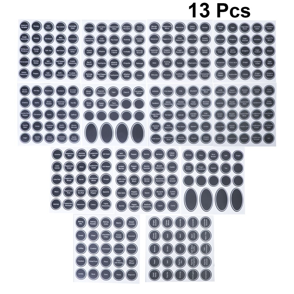 13 Sheets Spice Jar Labels Printed Round PVC Pantry Stickers Blackboard Sticker for Canister