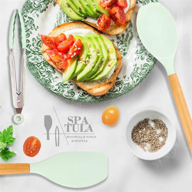 Silicone Cooking Utenils Spatula Spoon Kitchen set Wooden Handle Silicone Kitchenware Set on-Stick Cooker Cooking Spoon