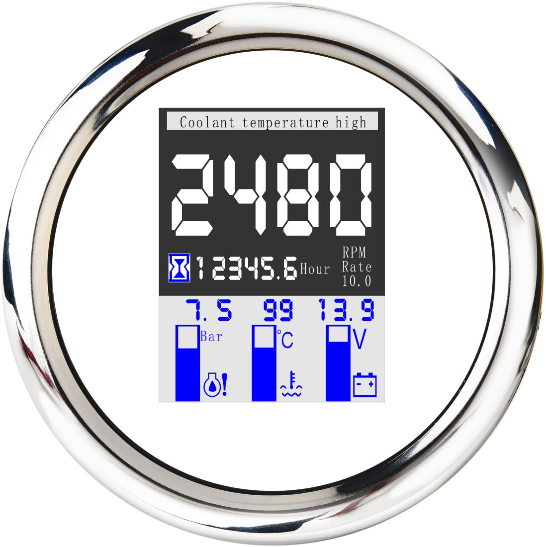 Merivene 85mm 4 in 1 monitoiminen mittari digitaalinen kierroslukumittari veden lämpötila öljynpaine 0 ~ 10 bar ja hälytys 9-32v: Valkoinen hopea