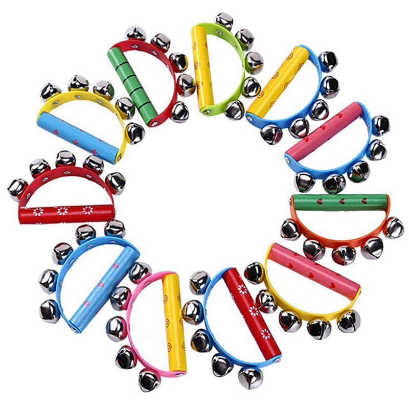 10Pcs Vivid Color Jingle Bells Sleigh Bells Instrument On Wooden Handle For Baby Kids Children Musical Toys: Default Title