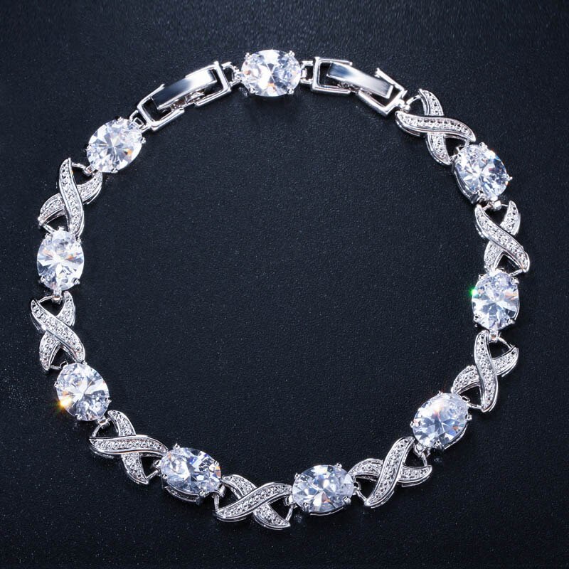 CWWZircons Argento di Alta Qualità di Colore Trasversale Rotonda Cubic Zirconia Donne Catena Braccialetti di Collegamento per la Cerimonia Nuziale Accessori Da Sposa CB008: white