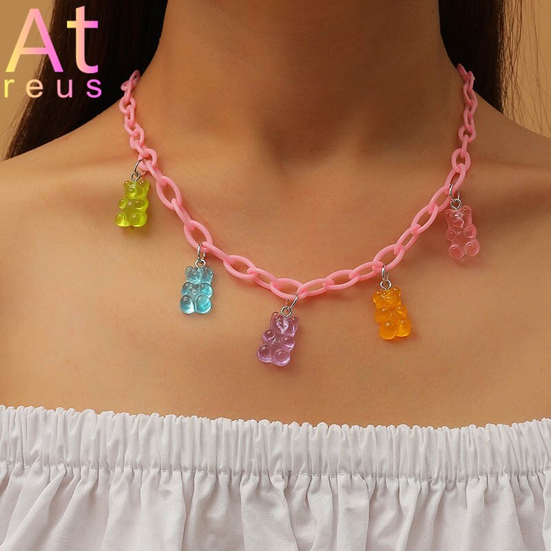 Chic Colorful Daisy Flower Pendant Necklace For Women Cute Resin Square Chain Choker Necklace Jewelry For Girl Spring: H72562ColorfulBear