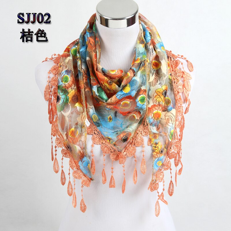 Women Triangle Scarf Lace Floral Summer Beach Tassel Scarves Chiffon Silk Wrap Pashmina Stole Foulard Hijab SJJ02: Orange