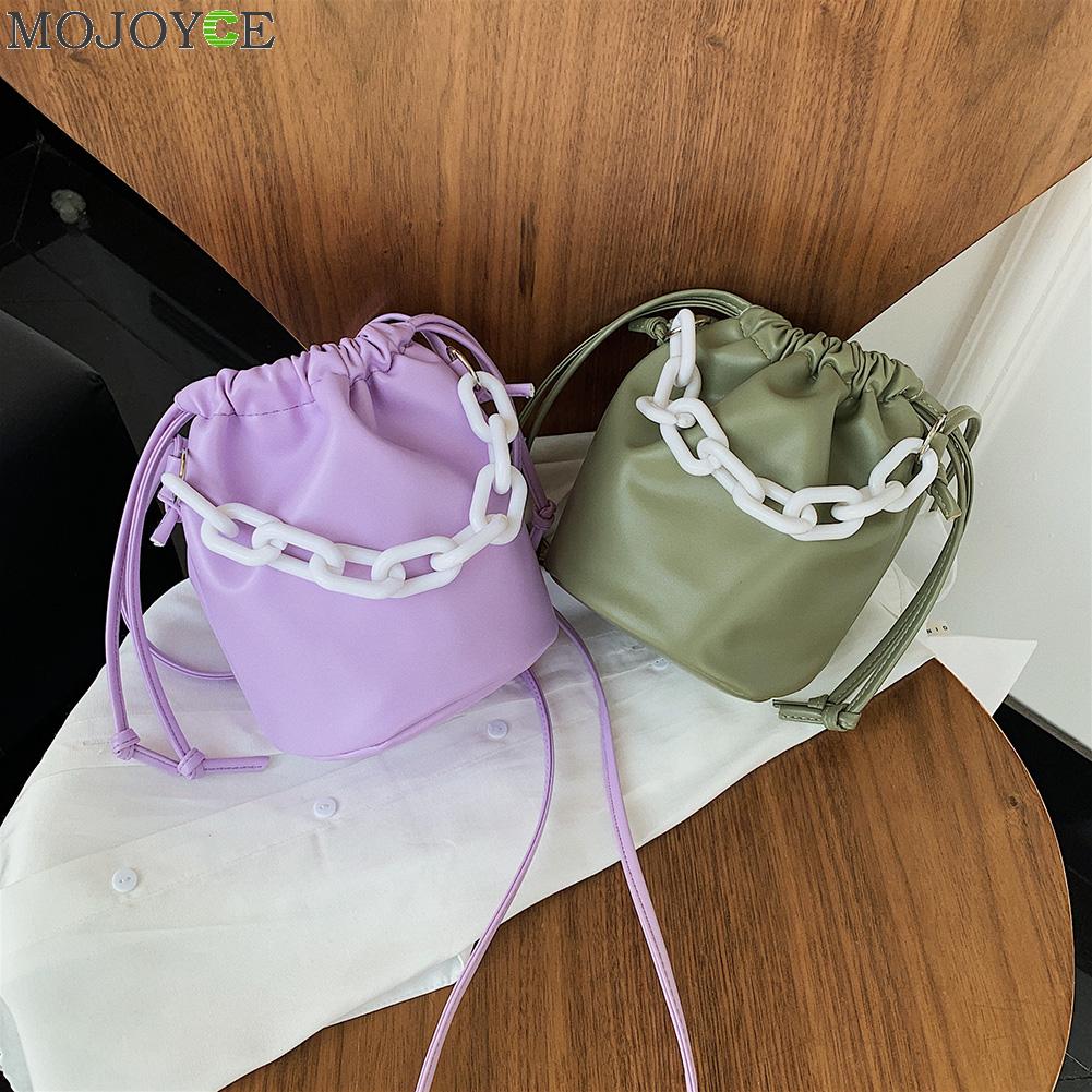 Drawstring Shoulder Bag Women PU Chain Bucket Handbags Female Solid Color Purse Youth Ladies Simple Versatile Bag