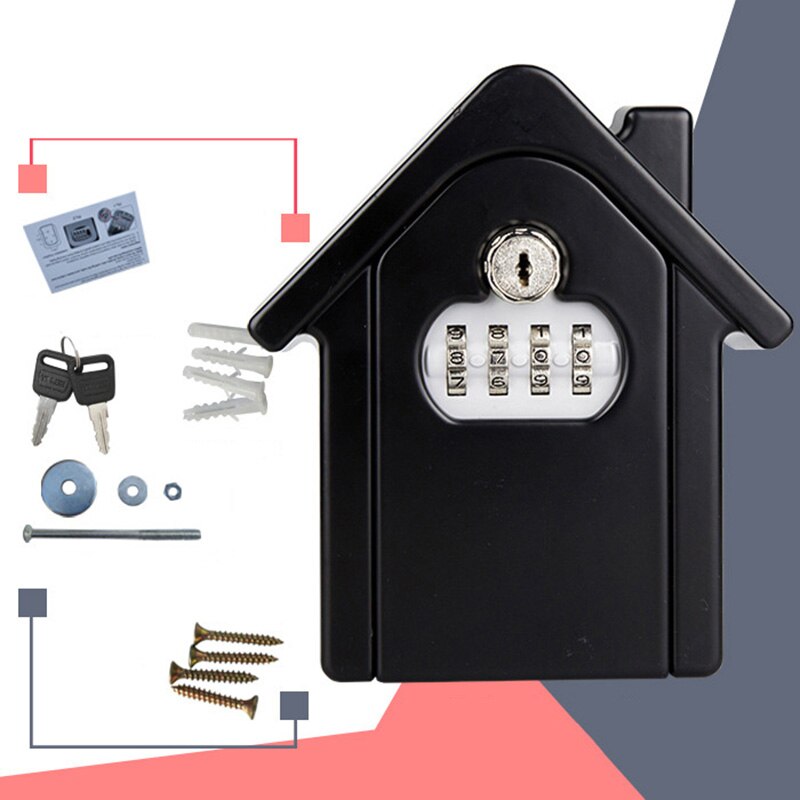 Caja de Seguridad para llaves, candado con contraseña y llave para el hogar, familia, exteriores, caja de almacenamiento con combinación montada en la pared: Negro