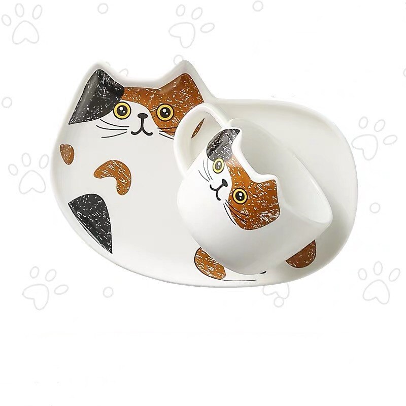 Ceramic Cute Cartoon Cat Coffee Mug Set Animal Breakfast Milk Tea Cup With Dessert Tray Office Drinkware Novelty: E