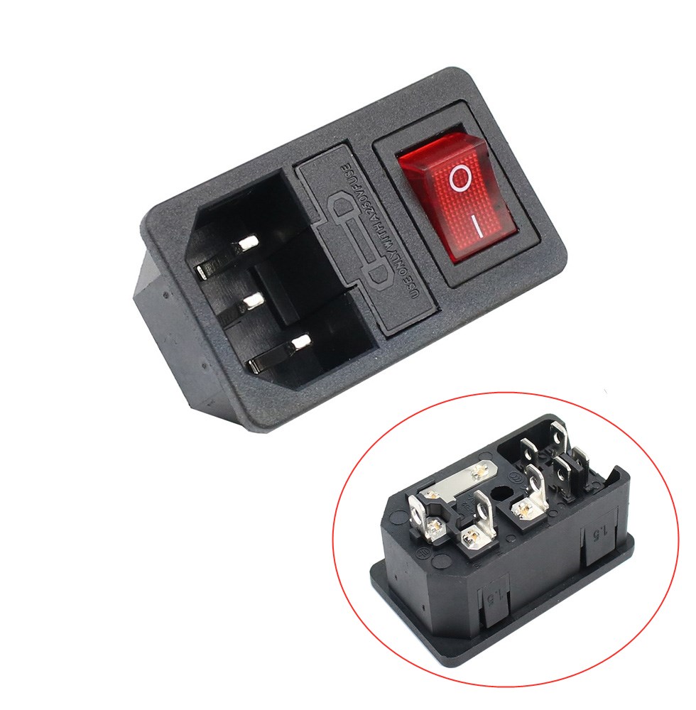 IEC320 C14 Electrical AC Socket 3 pin red LED 250V Rocker Switch 10A fuse female male inlet plug connector 2 pin socket mount: army green