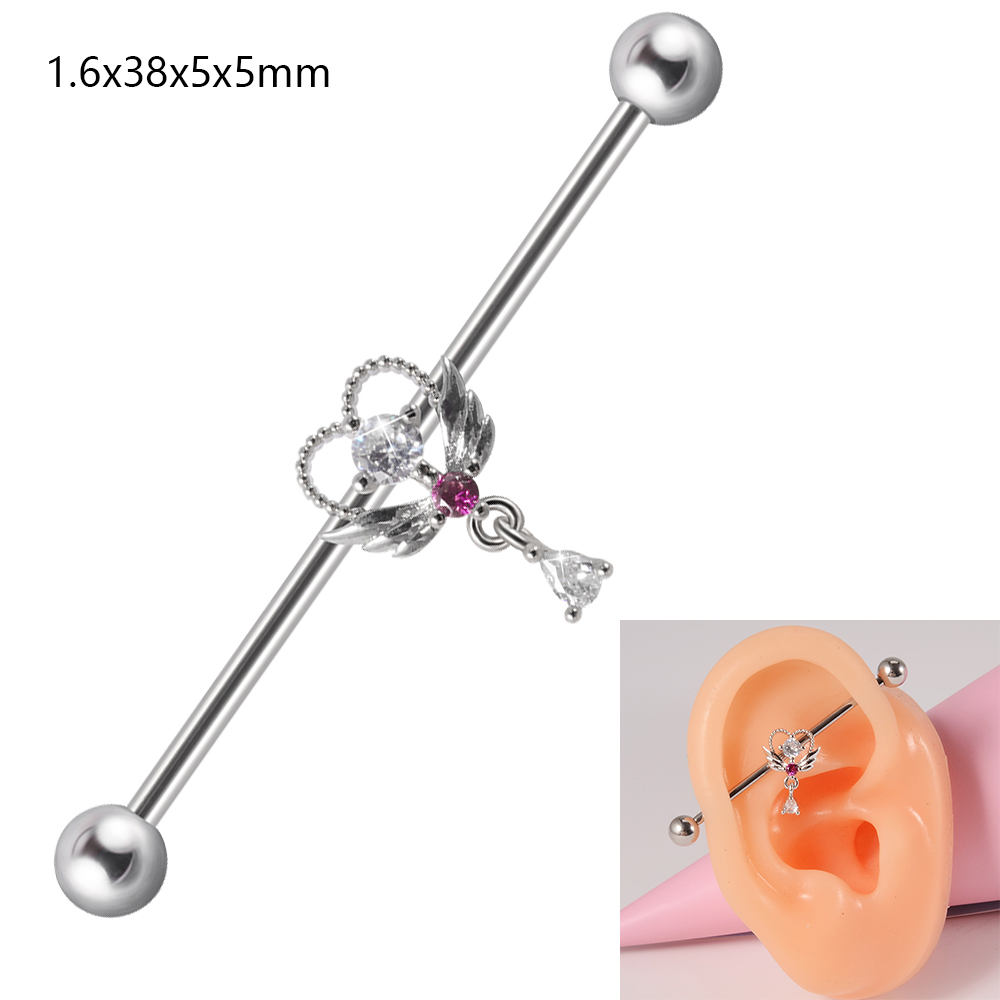 1 pieza de barra Industrial de circonio de acero quirúrgico, pendiente de puente Auricular largo de Animal bonito, joyería para Piercing corporal transversal para mujer: Rodio plateado