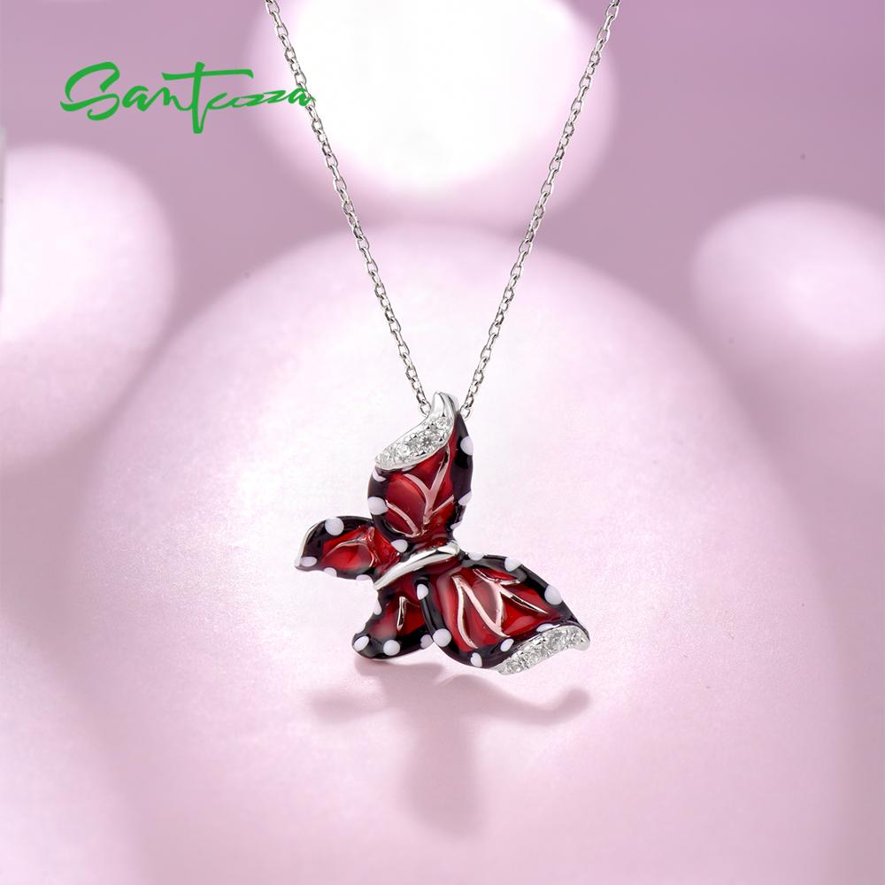 SANTUZZA Silver Pendants For Women 925 Sterling Silver Slide Necklaces Pendant Red Butterfly Jewelry Handmade Enamel