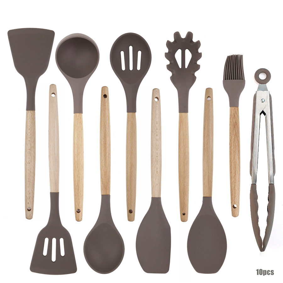 Juego de cocina de silicona antiadherente, resistente al calor, fácil de limpiar, de madera maciza, mango de madera de haya, juego de espátulas: Champagne Grey-10pcs