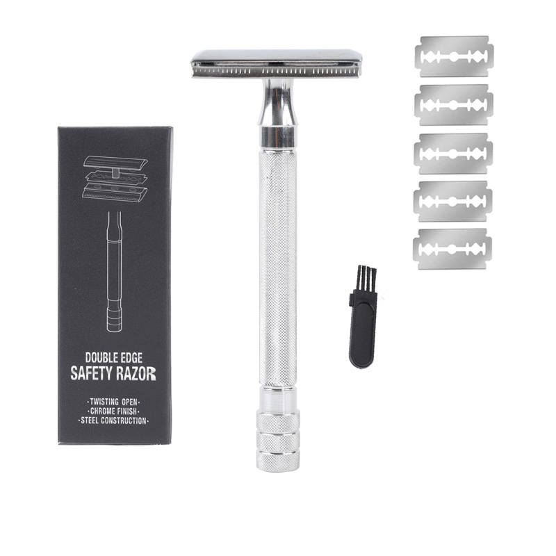 Maquinilla de afeitar de seguridad con cepillo para hombre, afeitadora clásica de depilación suave, doble filo, máquina de afeitar de acero inoxidable, cuchillas, maquinilla de afeitar: Oro