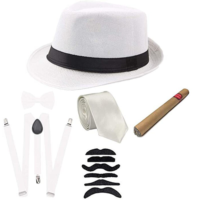 Halloween Cosplay Costume 1920s Mens Gatsby Gangster Accessories Set - Fedora Newsboy Hat Suspenders Armbands Tied Bowtie: white