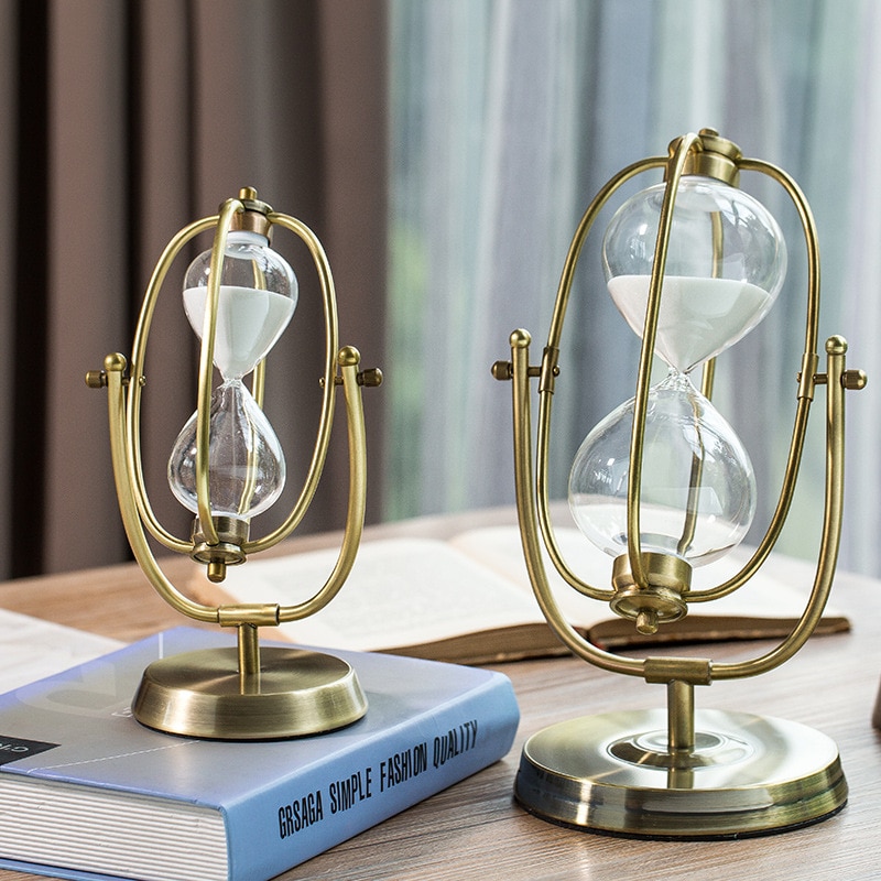 Retro Modern Metal Swivel Sand Timer Hourglass Pendulum Clock Time Wooden Rotating Hour Glass Clock Home Decor Wedding