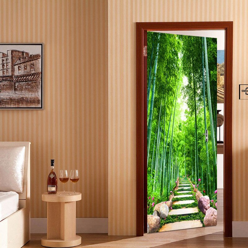 Door Sticker Green Forest Nature Landscape Living Room Bedroom Wallpaper Pvc Self-Adhesive Home Decor Door Decals Wall Stickers