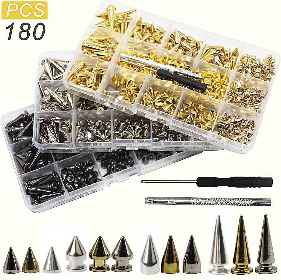 Juego de tachuelas y pinchos traseros de tornillo de remache Punk, Kit con herramientas de artesanía de cuero, cono de bala DIY para collar de pulsera de cuero, 180/80 juegos