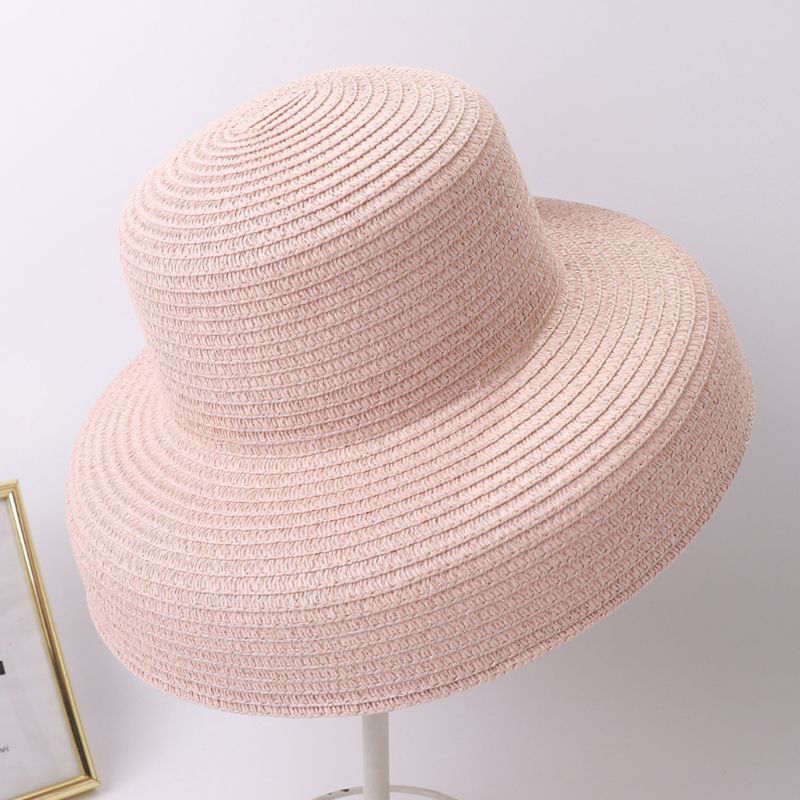 Vrouwen Zomer Vintage Hepburn Stro Zonnehoed Bell Vormige Brede Rand Effen Kleur Uv Bescherming Reizen Floppy Beach Cap