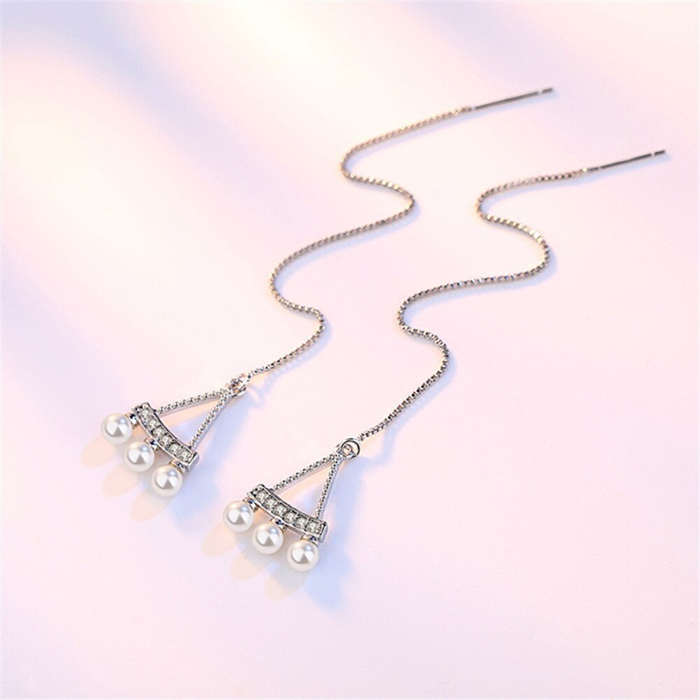 925 Sterling Silver Jewelry Woman Retro Dinette Ear Line Long Luxury Pearl Earrings Simple Girl Cute Brand