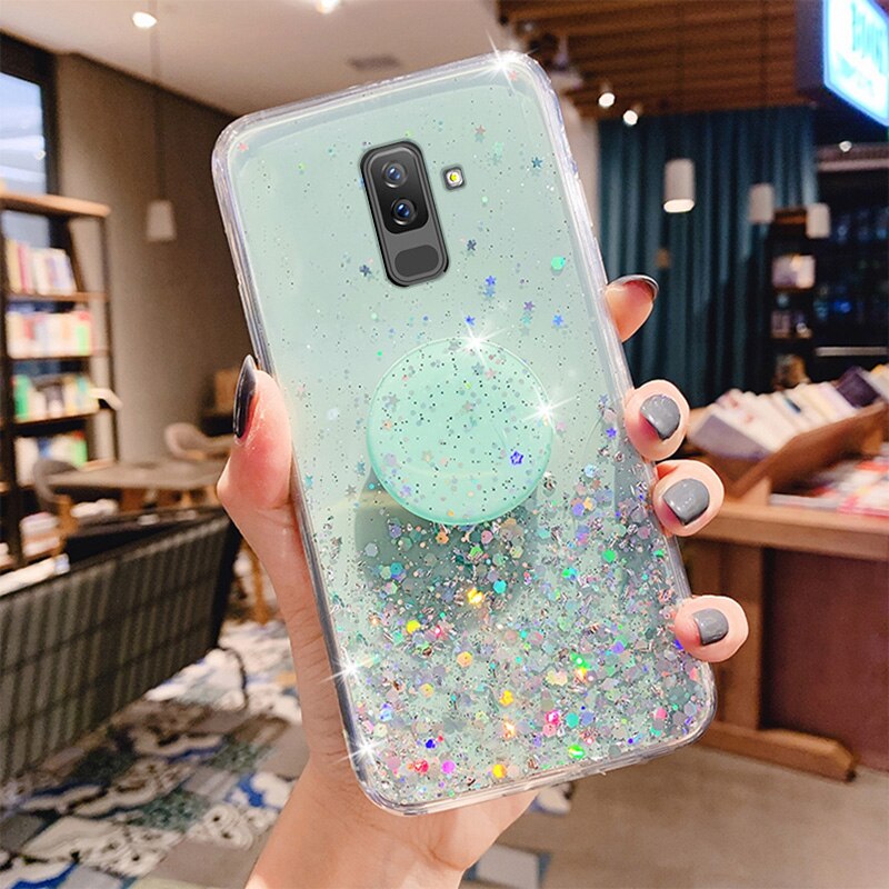Handyhülle mit silberner folie für samsung Galaxis  a6 a8 Plus, glitzernde, weiche silikonhülle mit ständer