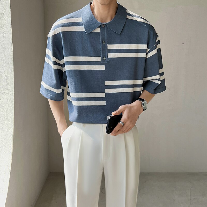 Polo a rayas para hombres, camisetas de punto de seda de hielo de manga corta, camisetas informales de negocios con solapa Social, ropa de verano 2022