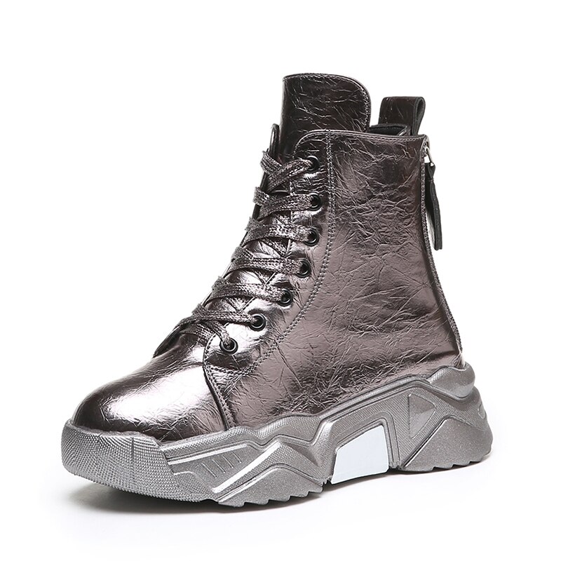 Height Increasing Sneakers Platform Shoes Woman Casual Shoes Thick Sole Waterproof Back Zipper Lace-up Bling Women Shoes I035: Gun color / 6.5