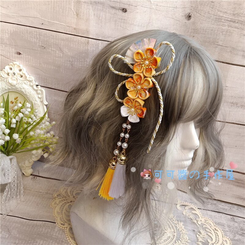 Pasadores Harajuku de estilo japonés para niña, Kimono, abanico de flor de cerezo, accesorios para el cabello, horquillas con Clip LATERAL con borlas suaves de Lolita