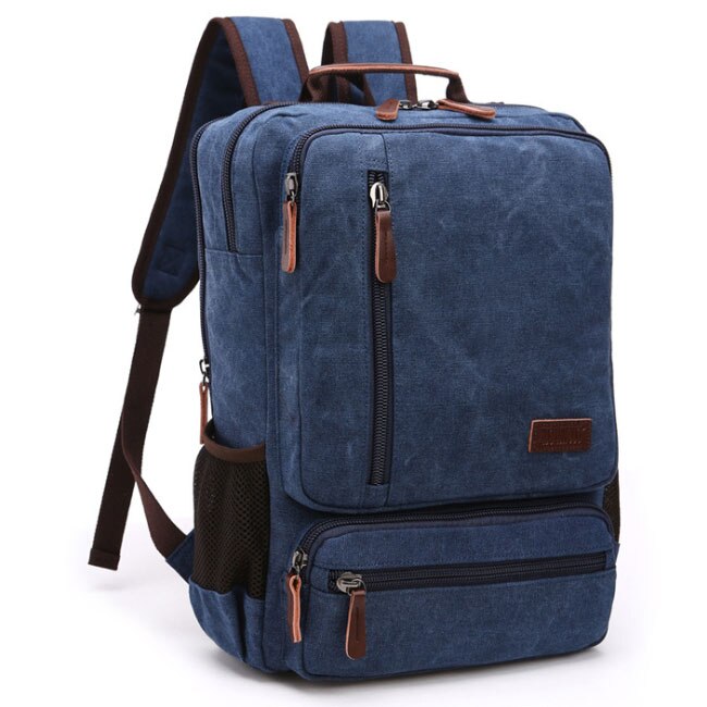 Vintage Canvas Backpack - 20-35L - Laptop Compartment - School Travel - Unisex: Blue